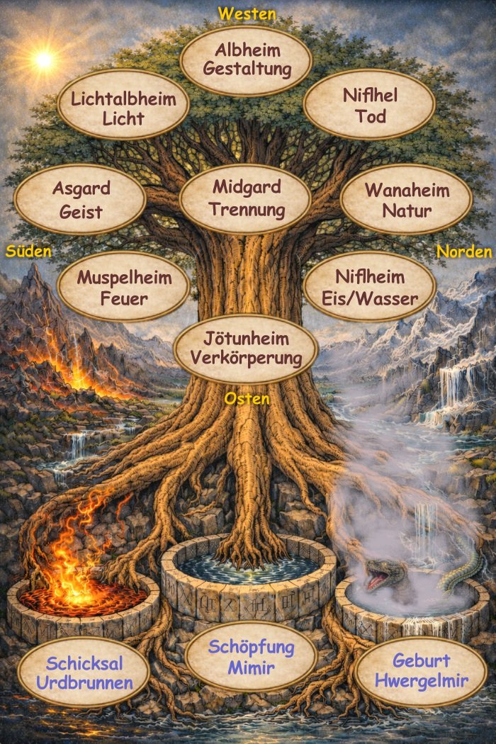 Baum des Lebens, der neun Welten und drei Brunnen Baum des Lebens, der neun Welten und drei Brunnen